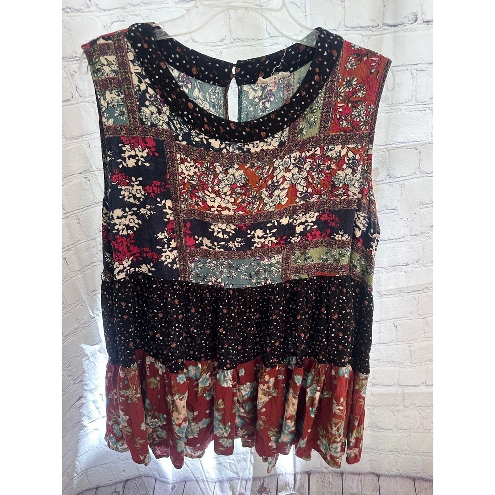 Entro Sleeveless Patchwork boho Top Floral Print Casual Blouse 2X